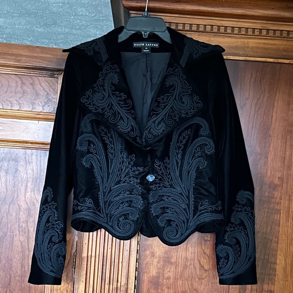 Ralph Lauren Black Label Black Velvet Embroidered Blazer, Size 10 - Picture 7 of 16